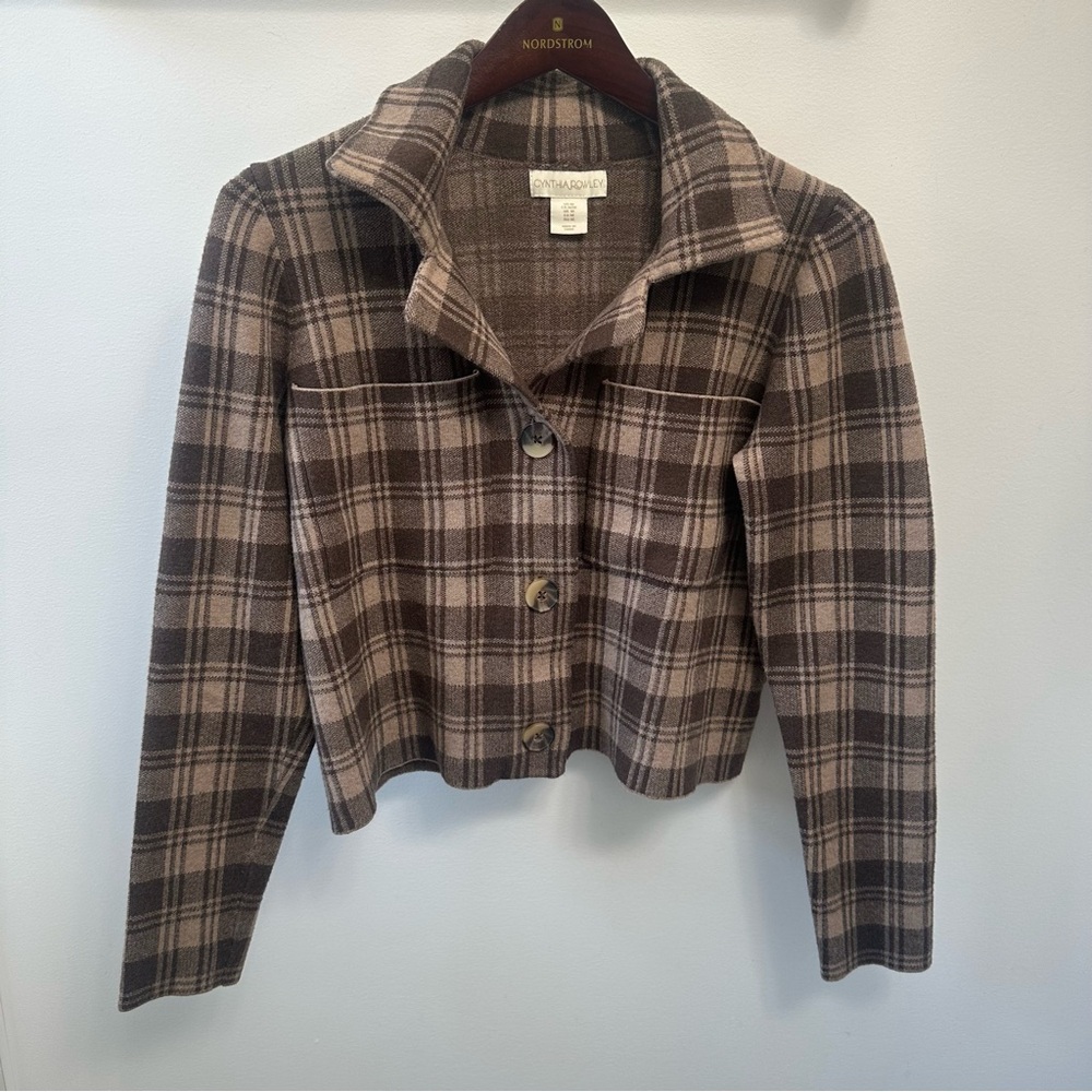 Cynthia Rowley Plaid Brown Tan Collared Button Up Jacket Pockets Women’s Medium